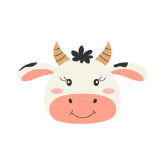 Cute black and white cow head. Farm animal. Vector illustration.
