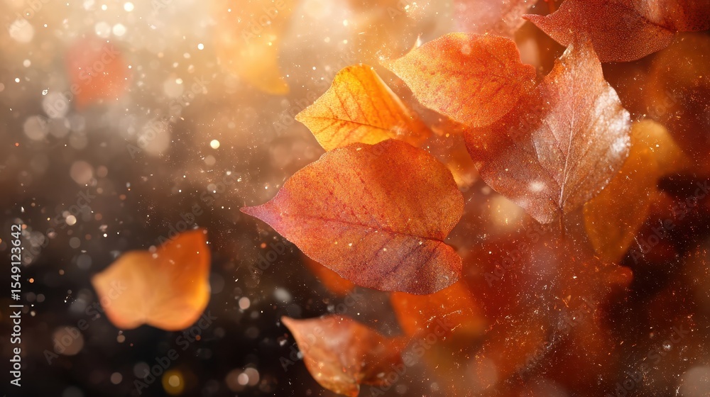 Poster a mesmerizing view of autumn leaves cascading through a golden, sparkly atmosphere, encapsulating th