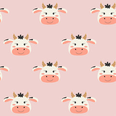 Seamless pattern with cute cow. Pattern for fabric, wrapping, textile, wallpaper, clothing. Vector illustration.
