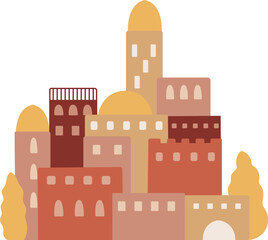 Ancient holy city vector with biblical houses, desert hills, and traditional middle eastern structures, ideal for religious publishing, christian children books, and educational religious infographics