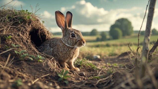 Perching brown wild rabbit peeking from burrow entrance at rural grassland, with grasses and twigs