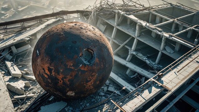 Resting large rusted metal sphere atop damaged rooftop, with exposed rebar and tangled cables - Powered by Adobe