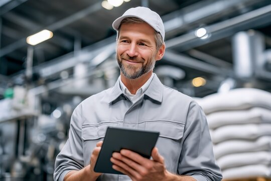 Smiling Factory Worker in Gray Uniform Using Digital Tablet for Barcode Scanning and Batch Data Entry
