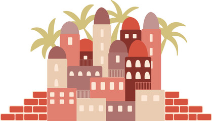 Isolated vector biblical cityscape with ancient architecture, Jerusalem style buildings, desert landscape, perfect for christian education, children’s books, religious art, and historical illustration