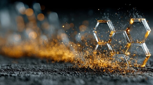 Abstract hexagonal shapes, golden particles, dark background