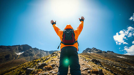 happy young woman jumping in the mountains