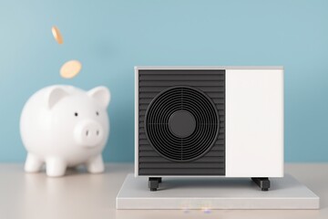 White piggy bank beside a modern heat pump; coins fly upwards, suggesting energy savings.
