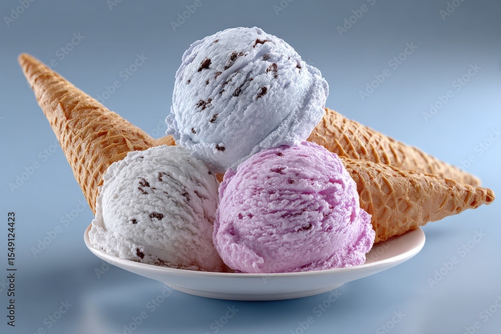 Poster assorted scoops of ice cream in a white bowl with a waffle cone on a blue background, close-up of de