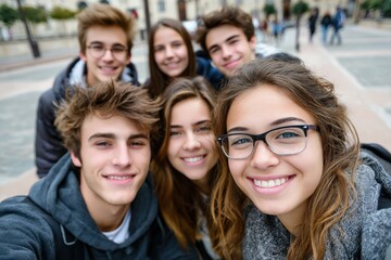 Fototapeta premium Group of six diverse smiling teenagers taking a selfie outdoors in a park du daytime with happy expressions and casual clothing