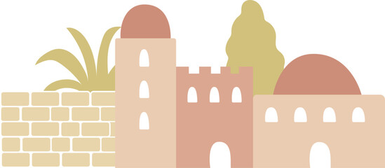 biblical era cityscape minimalist illustration. isolated  stone houses, domed roofs, historic textures, made for church teaching tools, bible apps, Sunday school books, and kids’ learning content