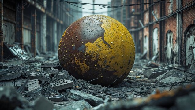 Sitting sphere rusting in abandoned corridor, with broken slabs, rebar, bricks, wires and beams