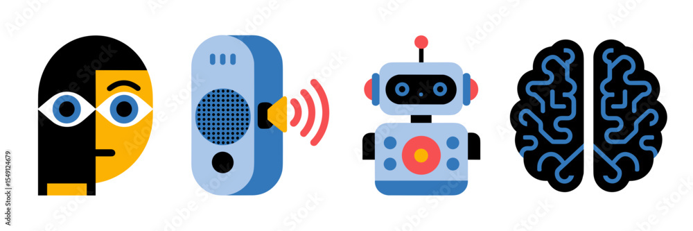 Poster flat vector illustration of facial recognition, voice analysis, robotics, and predictive analytics –