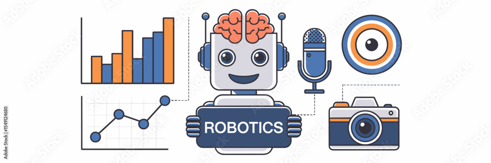 Poster flat vector illustration of robot with brain, microphone, camera, and graph – great for robotics pre