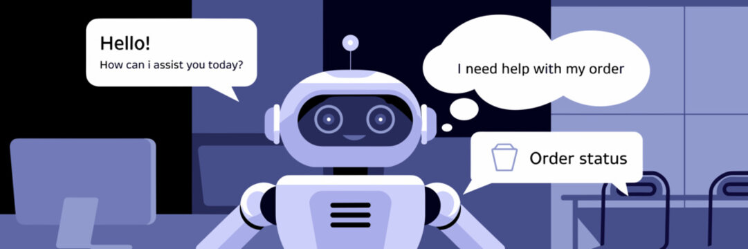 Chatbot interaction illustration in modern office setting – Perfect for customer service visuals, UX mockups, or AI interface tutorials.