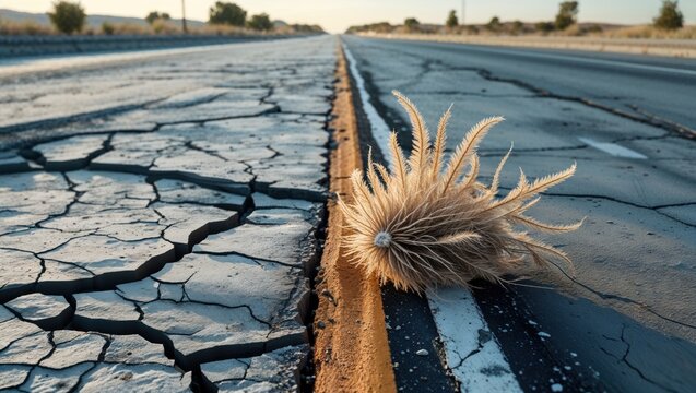Dry tumbleweed resting on yellow center line on desert highway, with cracked asphalt and dried mud - Powered by Adobe