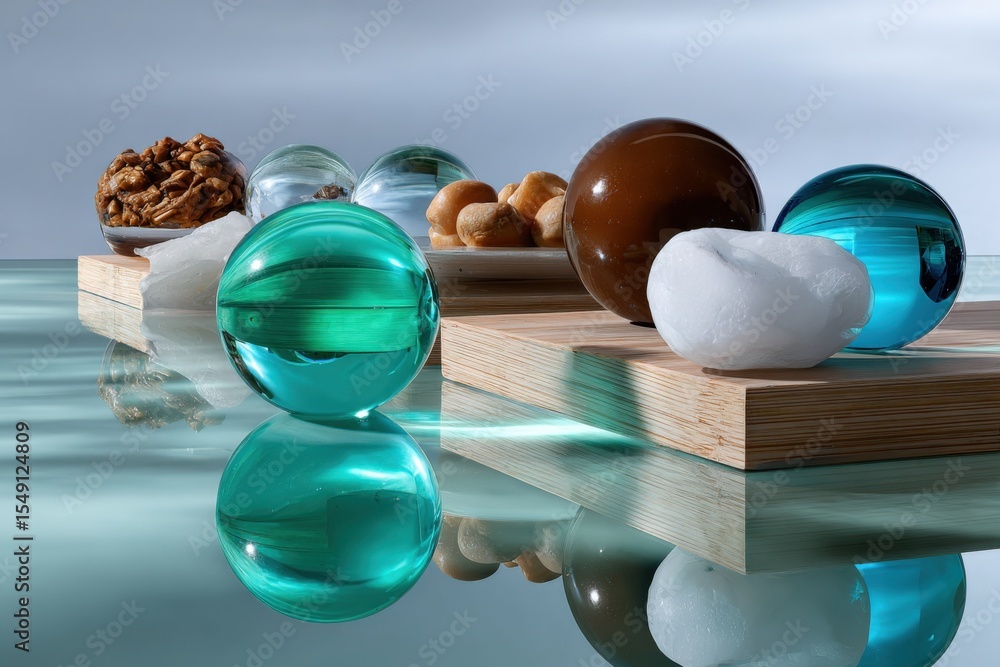 Poster assorted colorful glass and ceramic decorative balls and objects on wood with reflective surface for