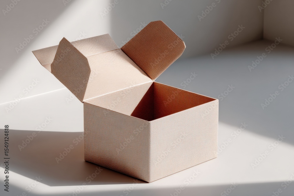 Aufkleber Minimalist empty cardboard box with open lid on white surface with shadows and soft natural light for packaging storage or presentation purposes