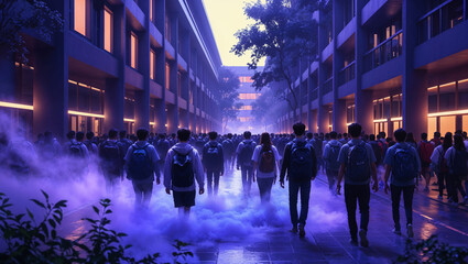 Obraz premium Students walking through a misty city street surrounded by modern architecture at dusk