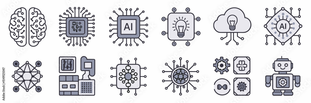 Poster artificial intelligence icon grid with brain chip, cloud ai, automation, and robot – great for machi