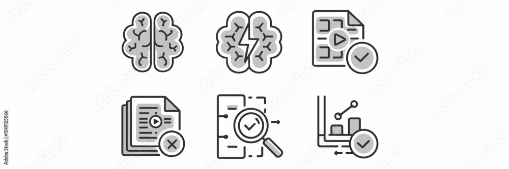Poster icon set of machine learning tools including brain lightning, dataset play, feature selection, and m