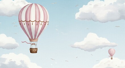 Whimsical Watercolor Illustration of Hot Air Balloons Soaring Through a Pastel Sky with Fluffy Clouds and Birds