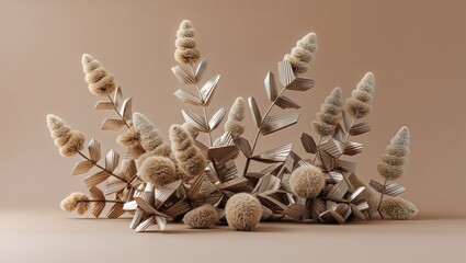 Obraz premium Presenting arrangement on tabletop surface featuring dried grass plumes, seedheads, metallic leaves