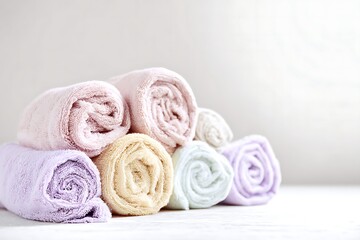 Rolled pastel-colored towels stacked on a light surface.