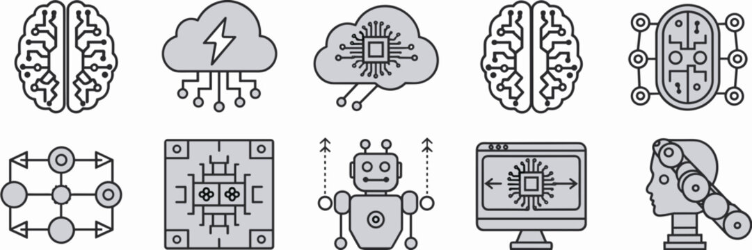 Machine learning icon set with robot brain, AI cloud, and algorithm flowchart &ndash; Excellent for future tech publications, neural network topics, or coding platforms