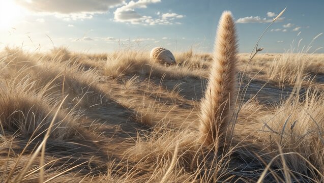Rustling pampas grass plume swaying among dry grasses on sandy dunes, with buried stone, copy space - Powered by Adobe