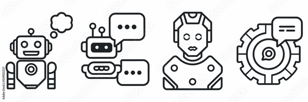 Poster vector icons of chatbot elements with speech and thought bubbles – ideal for customer service bots, 