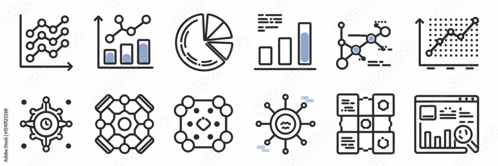Poster data science icon sheet with charts, graphs, and machine learning symbols – perfect for analytics to