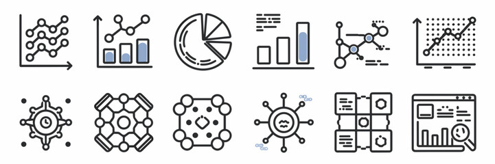 Data science icon sheet with charts, graphs, and machine learning symbols – Perfect for analytics tools, educational content, or dashboard designs.