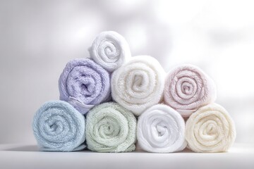 Rolled towels in pastel colors stacked in a pyramid.