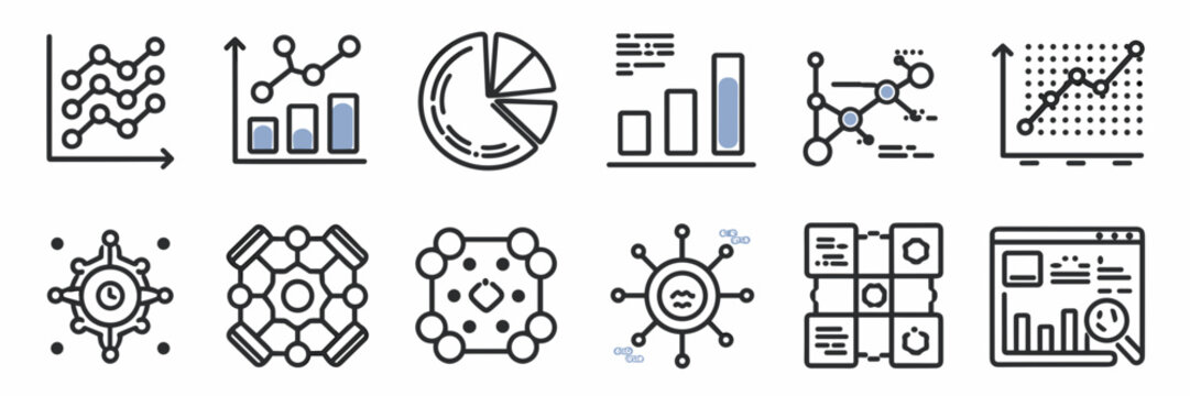 Data science icon sheet with charts, graphs, and machine learning symbols &ndash; Perfect for analytics tools, educational content, or dashboard designs.