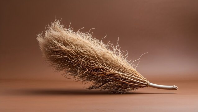 Displaying dried grass tuft fanning wiry strands from pale stem on matte brown surface, minimalist - Powered by Adobe