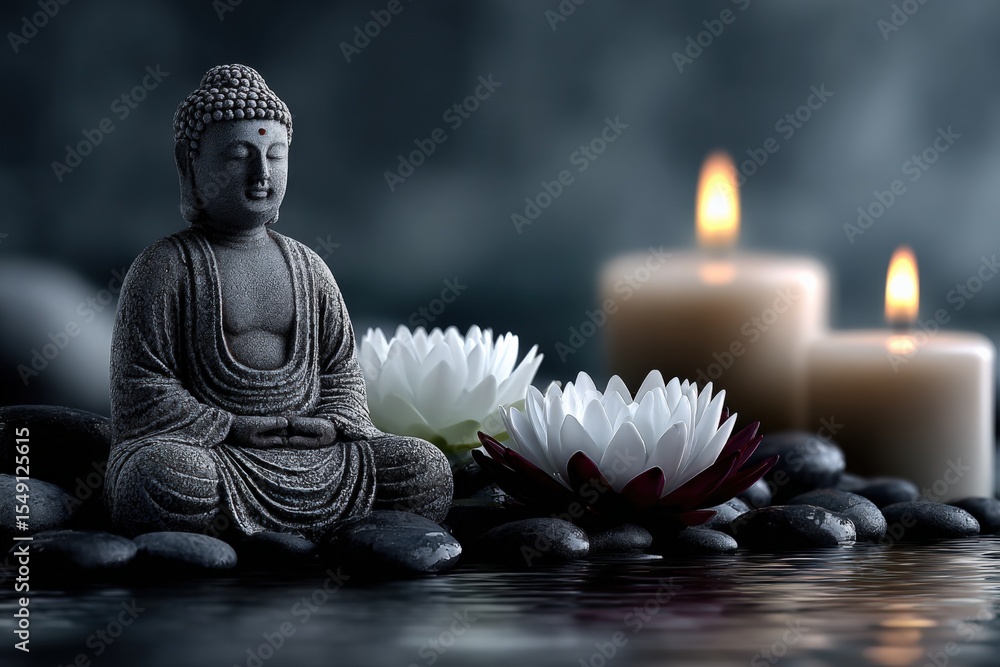 Aufkleber serene zen spa scene with buddha statue aromatherapy candles and lotus flowers with relaxing calm at