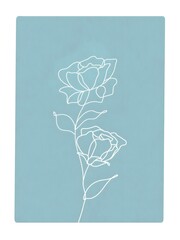 Minimalist line art of two blooming roses drawn in white on a soft blue background. The simple design gives an elegant and modern floral aesthetic.