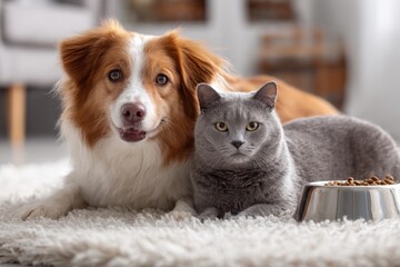 Adorable dog and serious grey cat sitting together on fluffy white carpet near food bowl in cozy modern living room with blurred background