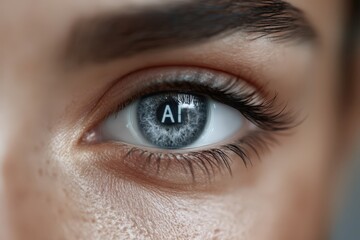 Close-up of a human eye reflecting AI technology showcasing digital innovation and intelligence with intricate details in the iris revealing future aspirations and modern advancements