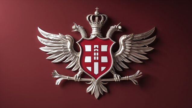 Double-headed eagle emblem shining on burgundy hall wall, holding scepter and crown with red shield