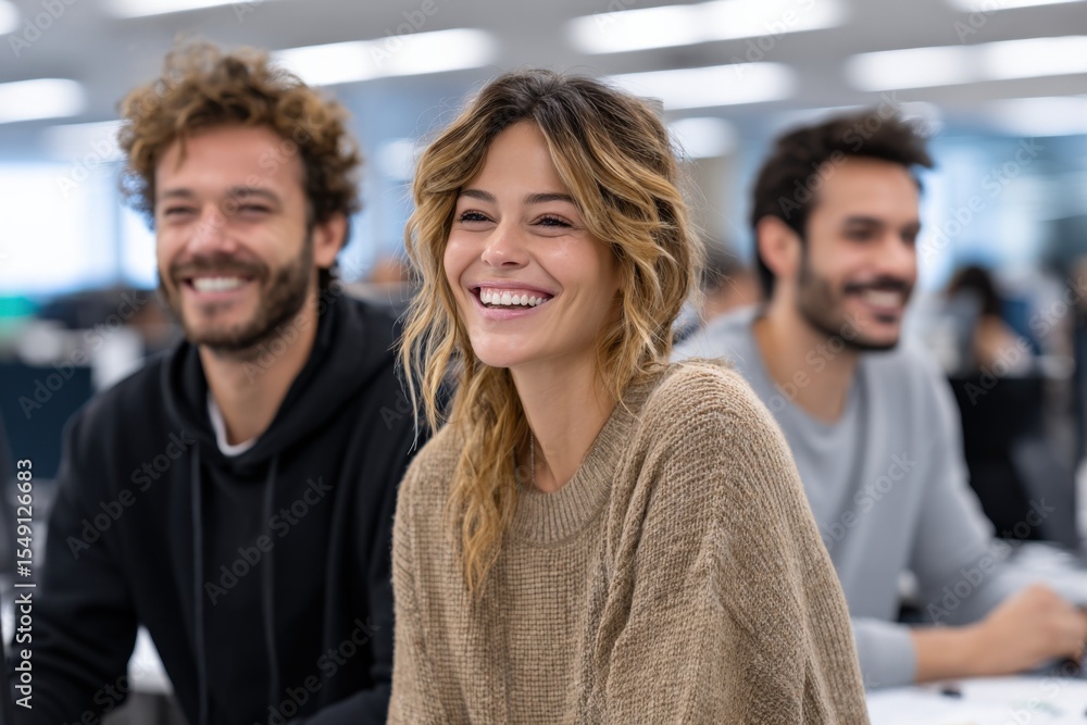 Poster happy diverse group of young professionals smiling and working together in modern office environment