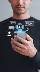 Male user operating digital assistant via phone showing AI visuals, tech icons, and chat overlay