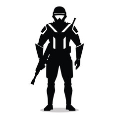 Fototapeta premium Black silhouette of a soldier with a gun standing against a white background