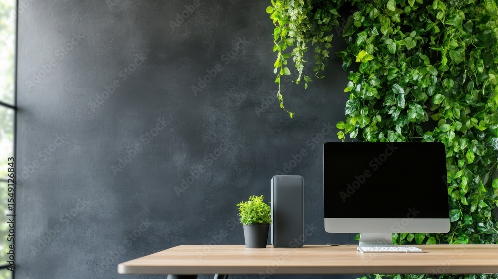 Poster this image depicts a modern workspace featuring a computer and lush greenery, showcasing an urban of