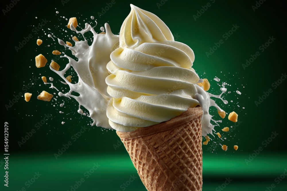 Poster delicious creamy vanilla ice cream swirl in a waffle cone with splash and crumbs against dark green 