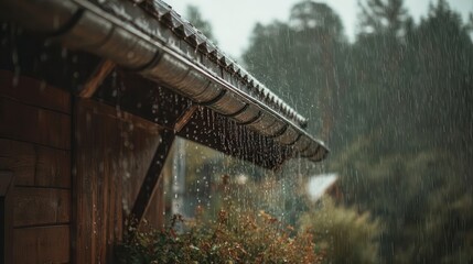 Fototapeta premium Rain Drains from Rustic House Gutter in Forest Setting