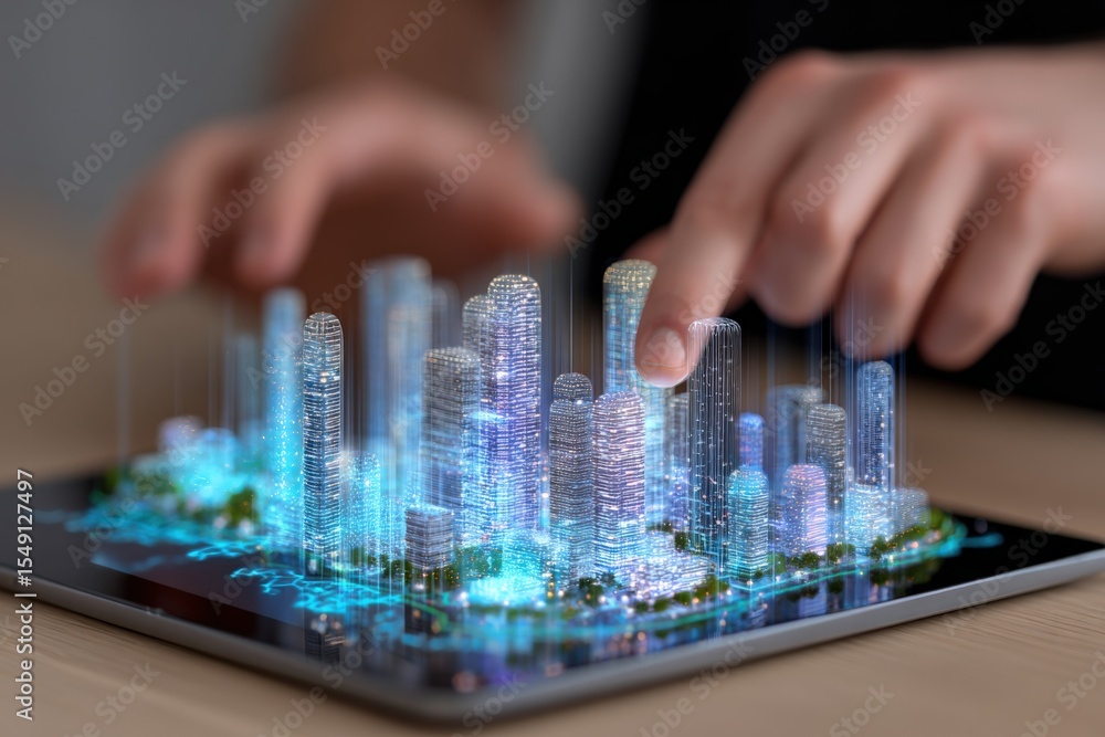 Poster futuristic digital cityscape hologram projection showing a modern urban skyline with illuminated sky