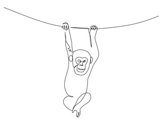 continuous line art drawing of a monkey or orangutan hanging from a tree branch