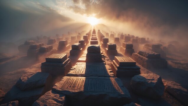 Piercing sunlight illuminating mist on dusty plain at sunrise, highlighting engraved stone blocks