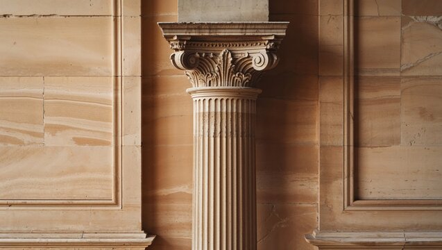 Showcasing single Corinthian column standing in architectural hall, with sandstone wall panels